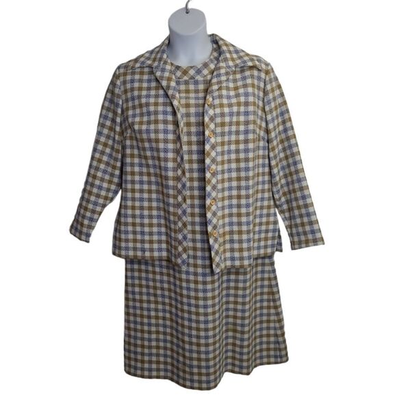 VINTAGE 70s plaid two piece‎ shift dress and matching blazer XL - Picture 1 of 17